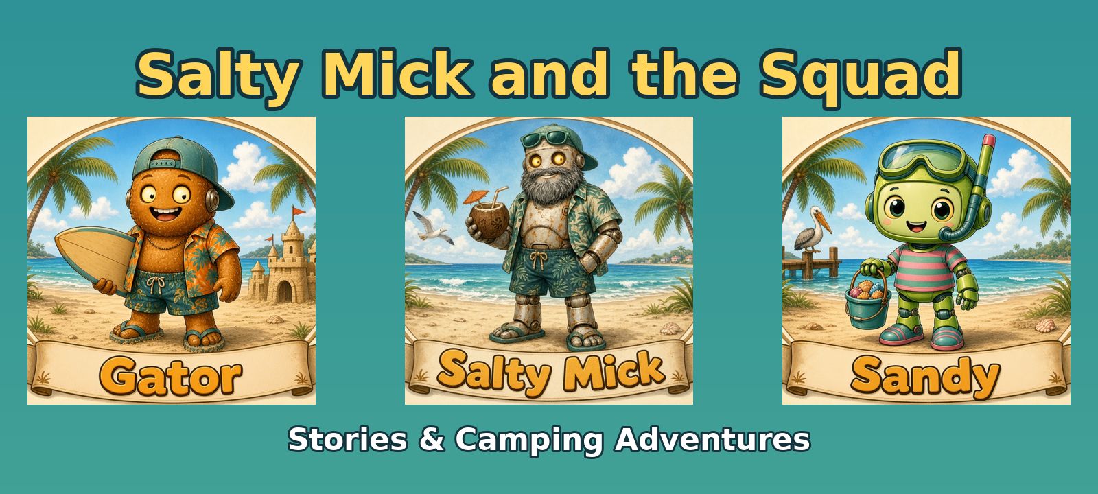 Salty Mick and the Squad banner: a bearded robot dad and his robot kids Gator and Sandy on a Florida beach